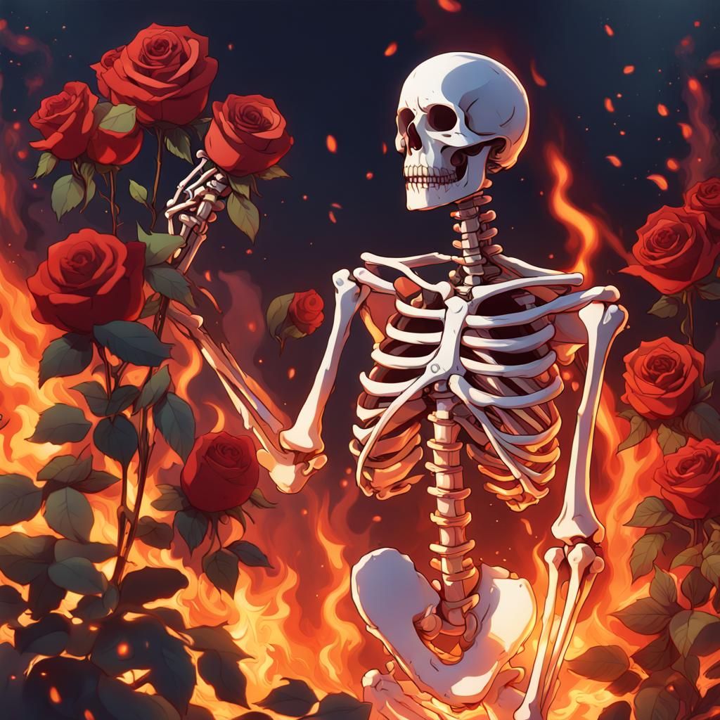 Fiery Skeleton with Roses: Anime-Inspired Art