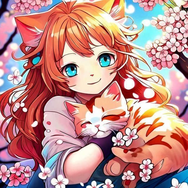 Kitten and Kemonomimi Girl Amidst Cherry Blossoms in Anime A...