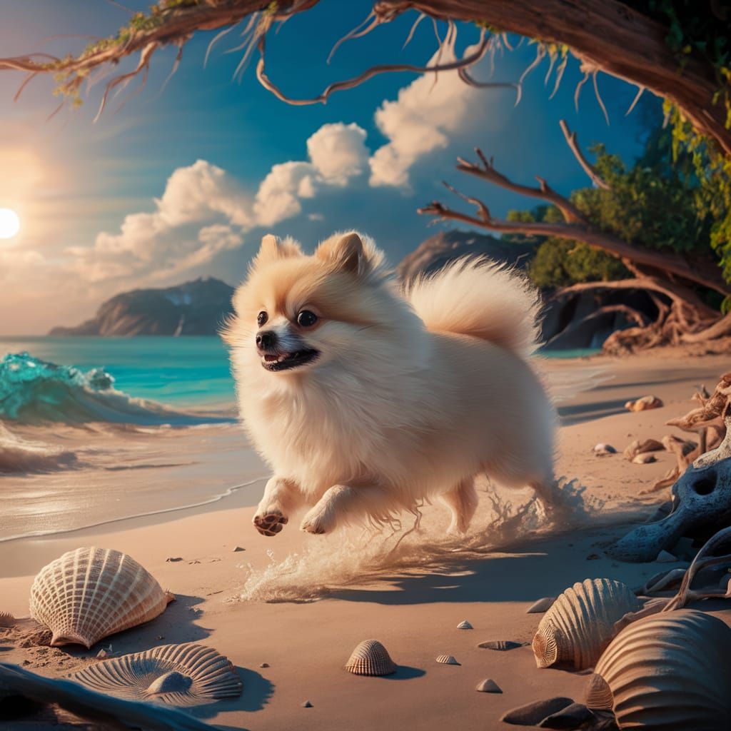 Cream Pomeranian Frolicking on a Sunny Beach