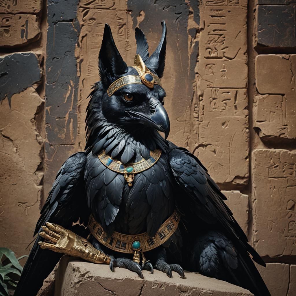 Egyptian God Anubis Portrait with Raven