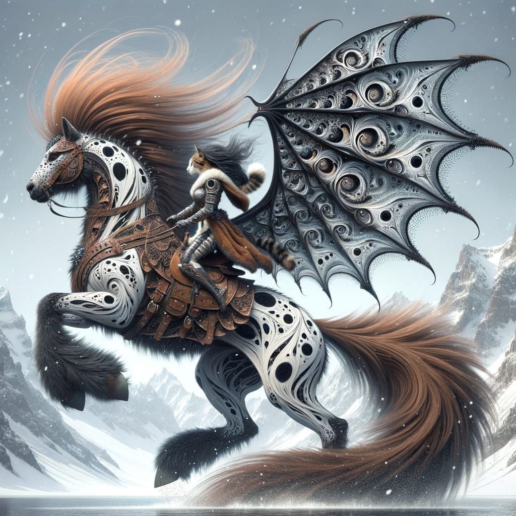 Cat-Woman Warrior Riding a Winged Horse in Winter