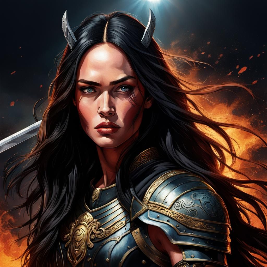 Megan Fox as Achilles on Stallion in Armor