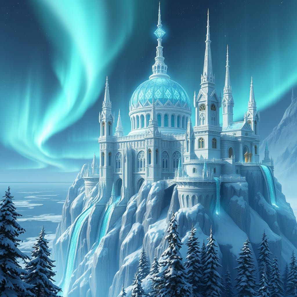 Ethereal Elven Citadel Over Frozen Sea with Majestic Crystal...