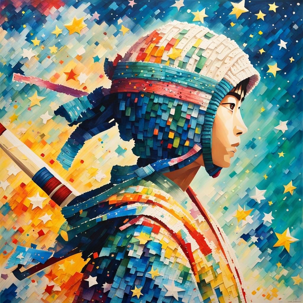 Ninja in 2.5D Pixel Art with Abstract Colors