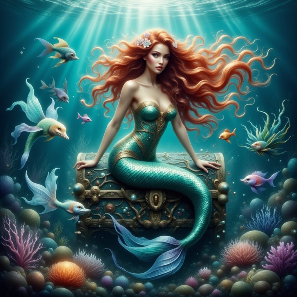 Enchanted Mermaid Guarding Sunken Treasure Chest
