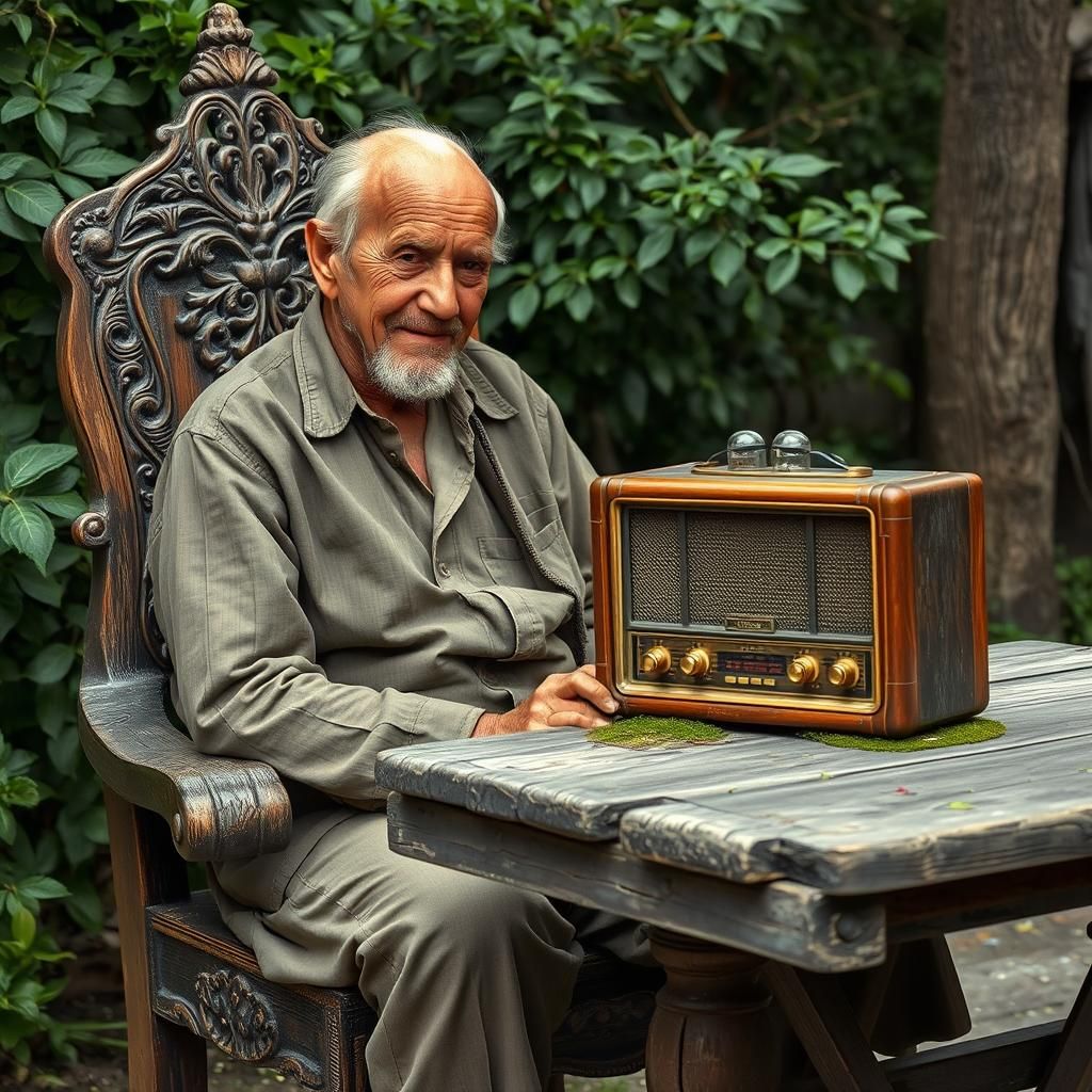 Nostalgic Old Man Listening to Antique Radio