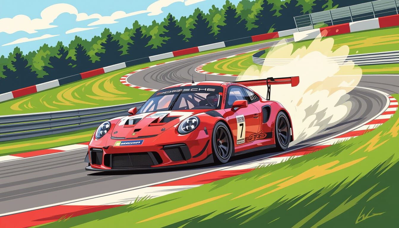Porsche 911 GT3 RSR Blasting Through Spa in Comic Art Style