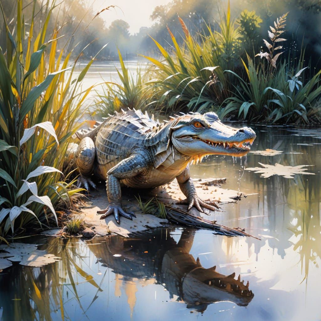 Saltwater Crocodile Emerges from River with White Ibis