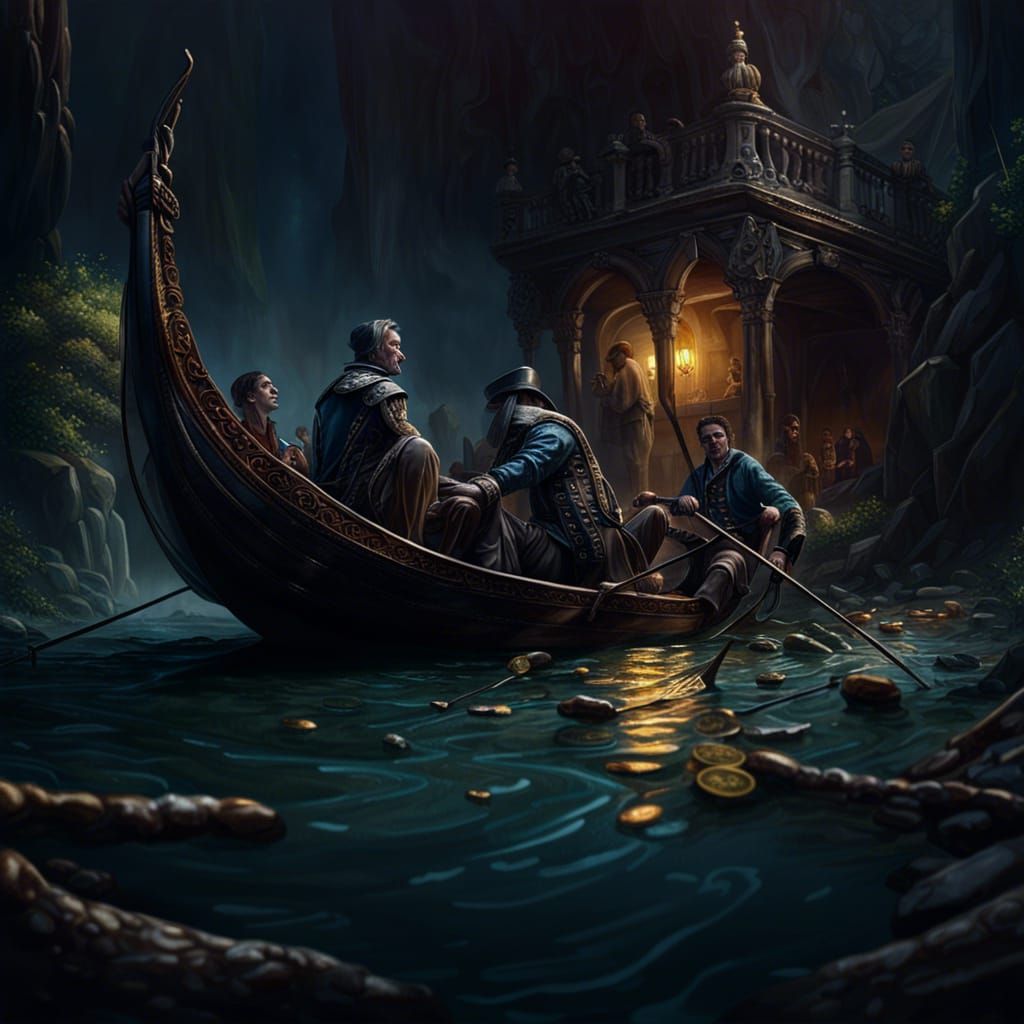 River Styx Crossing in Hyperrealistic Style