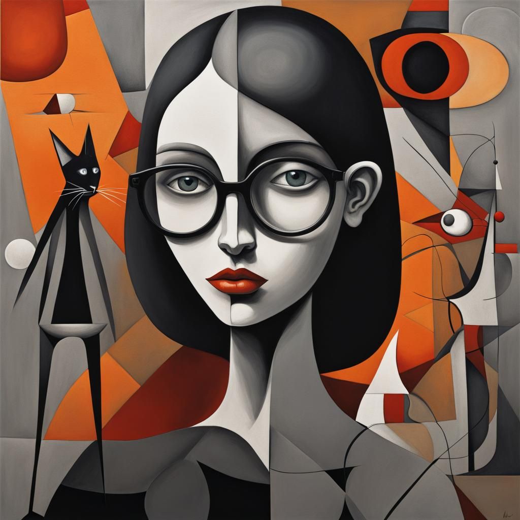 Woman and Cat in Abstract Geometric Painting