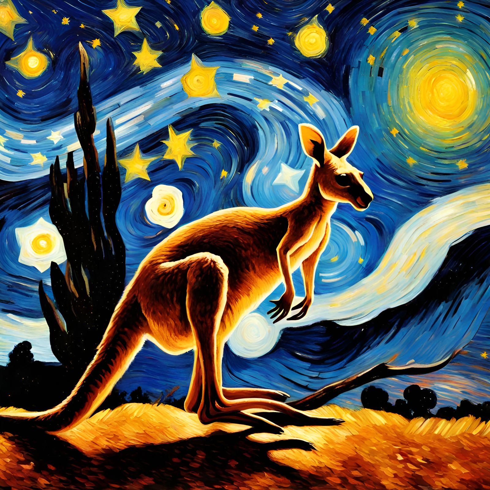 Kangaroo in Starry Night, Van Gogh Style