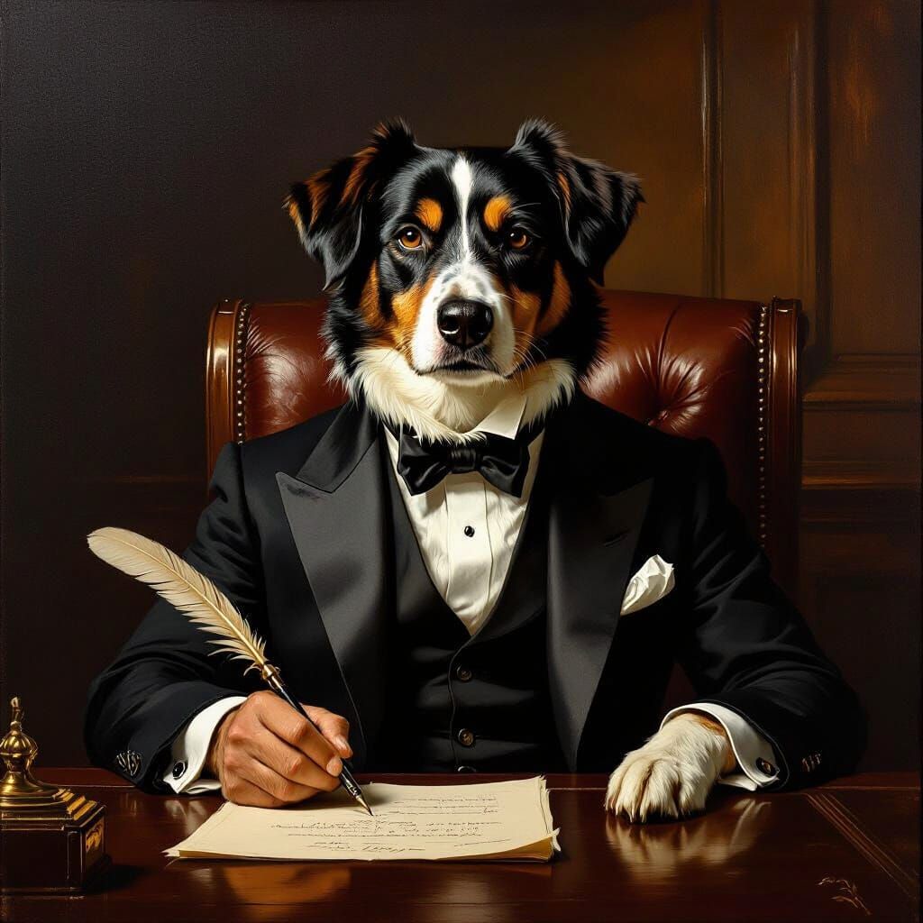 Distinguished Dog in Suit at Mahogany Desk