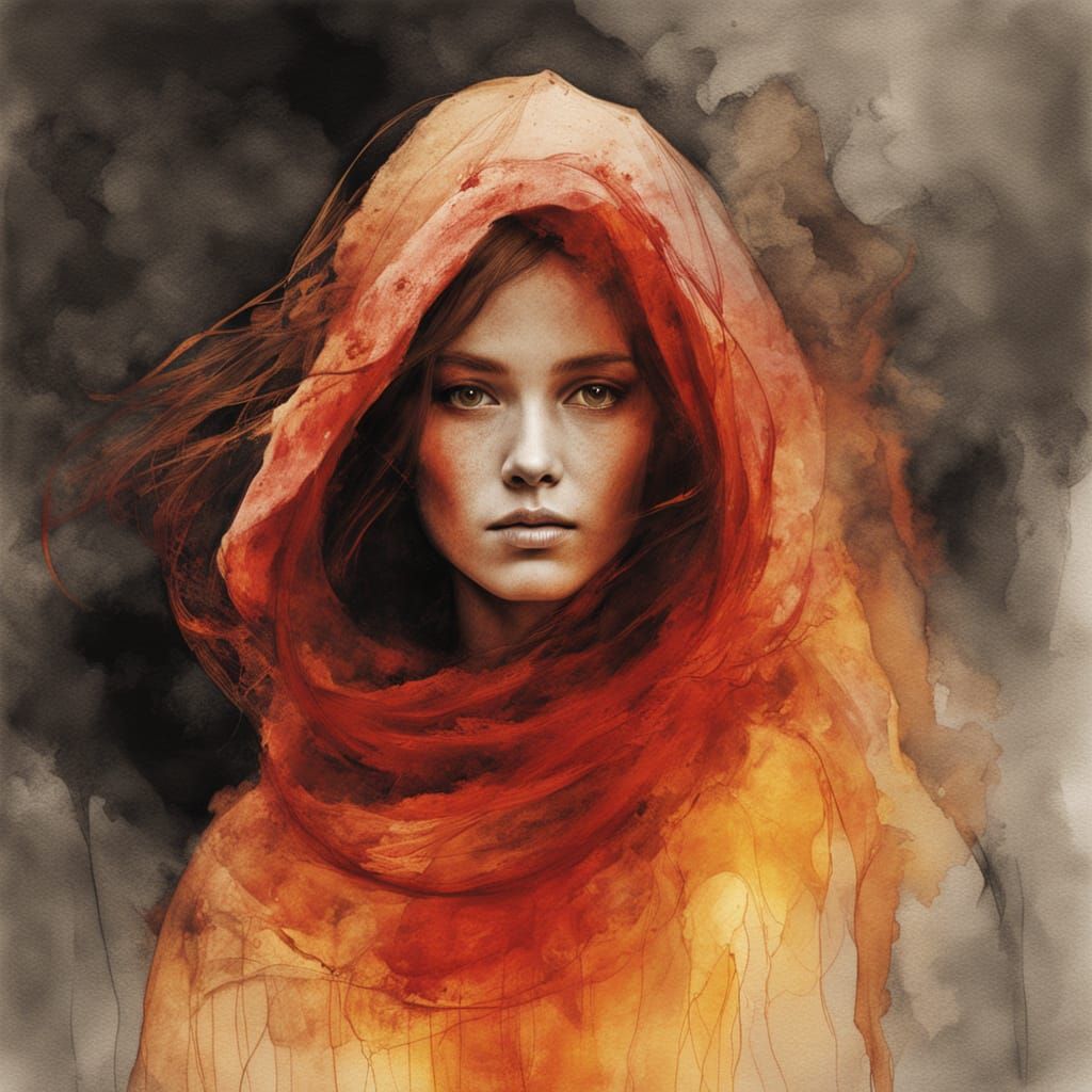 Surreal Female Figure in a Circle of Fiery Flames