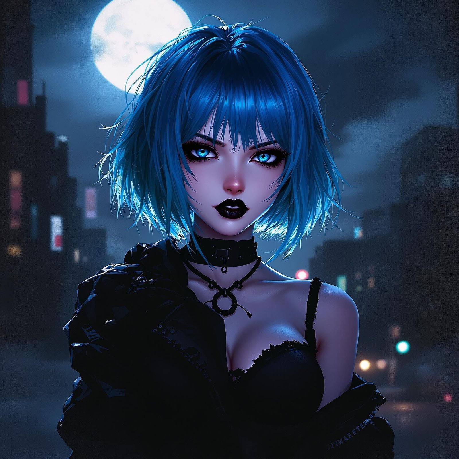 Moonlit Cityscape with Edgy Anime Girl