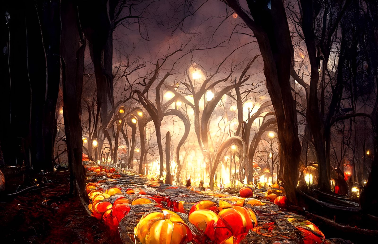 Glowing Pumpkins Light Autumn Pathway in Art Deco Style