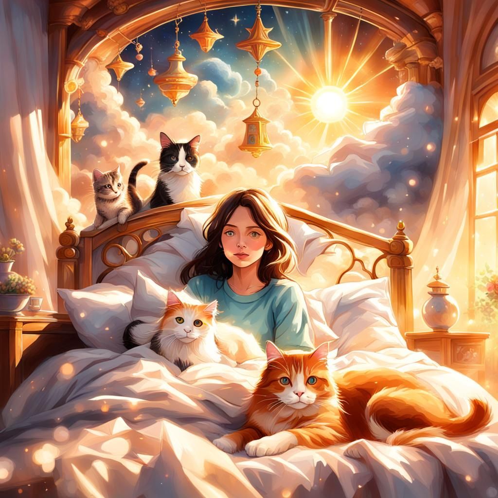 Woman, Cat, and Dog in Magical Room
