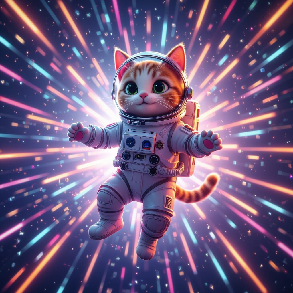 Cat in Spacesuit Amidst Neon Stardust: 3D Digital Art