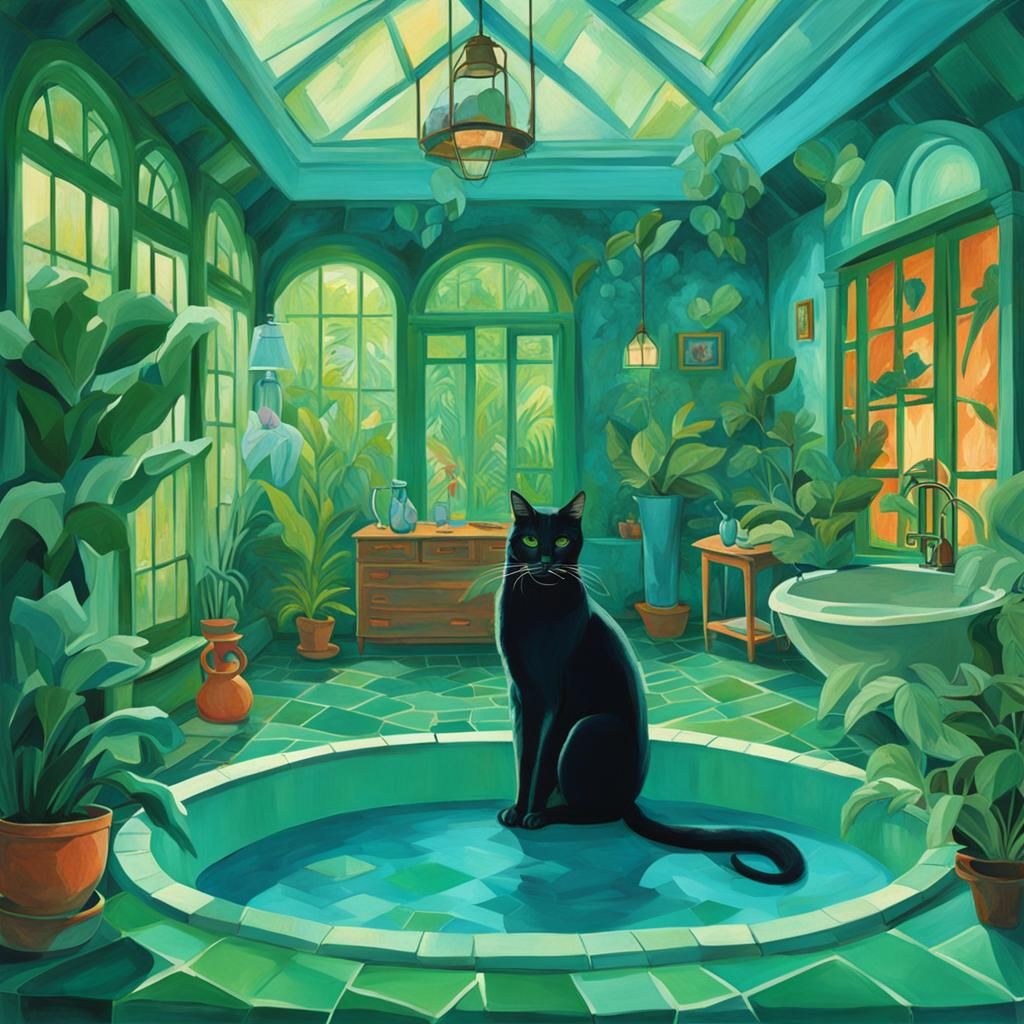 Tropical Cubism: Witch Bathing with Cats in Greenhouse