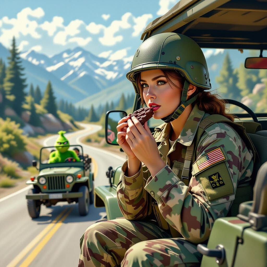 Army Officer and Grinch Encounter in Hyperrealistic Style