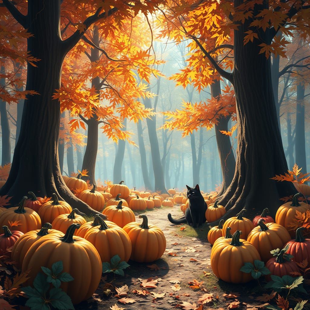 Mystical Forest Clearing with Black Cat and Pumpkins
