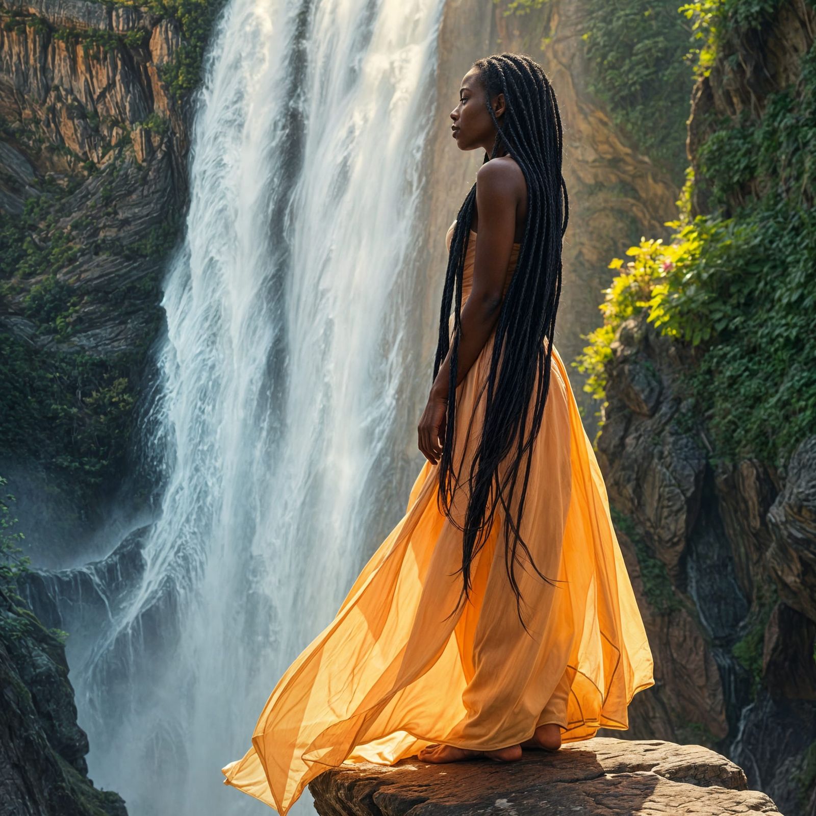 Ebony Woman at Waterfall: Impressionist Oil Painting