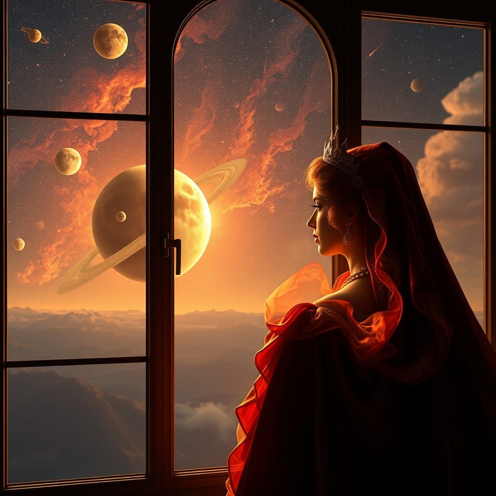 A Queen Sees Burning Planets in the Sky Through Her Window