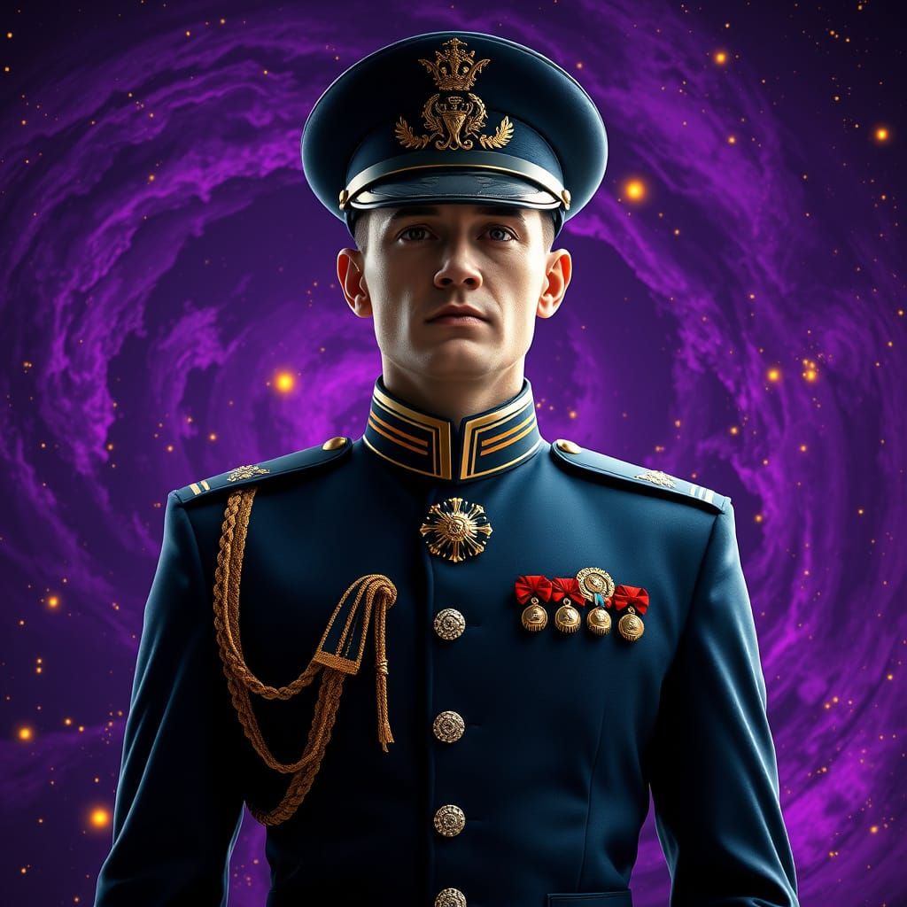 Regal Starship Officer at Attention, Cosmic Background
