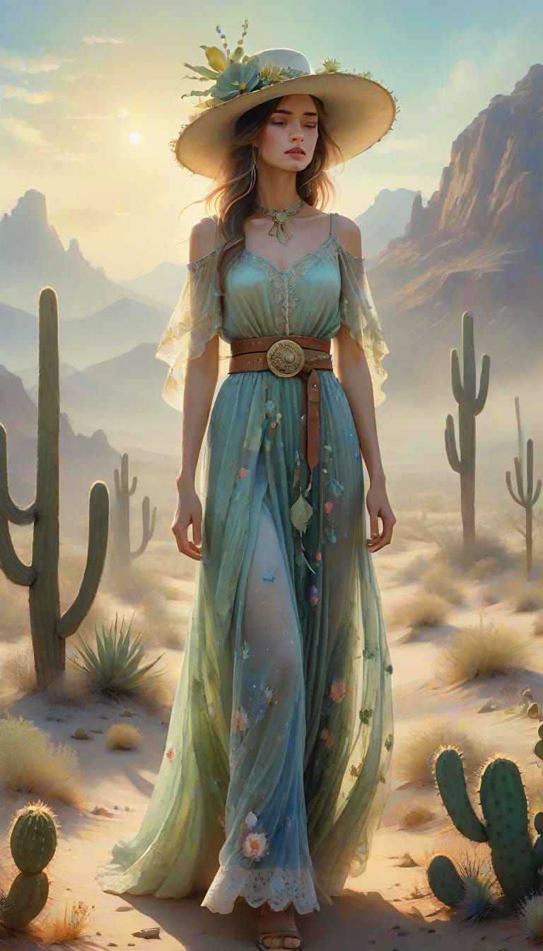 Ethereal Woman in Desert Landscape with Floral Hat