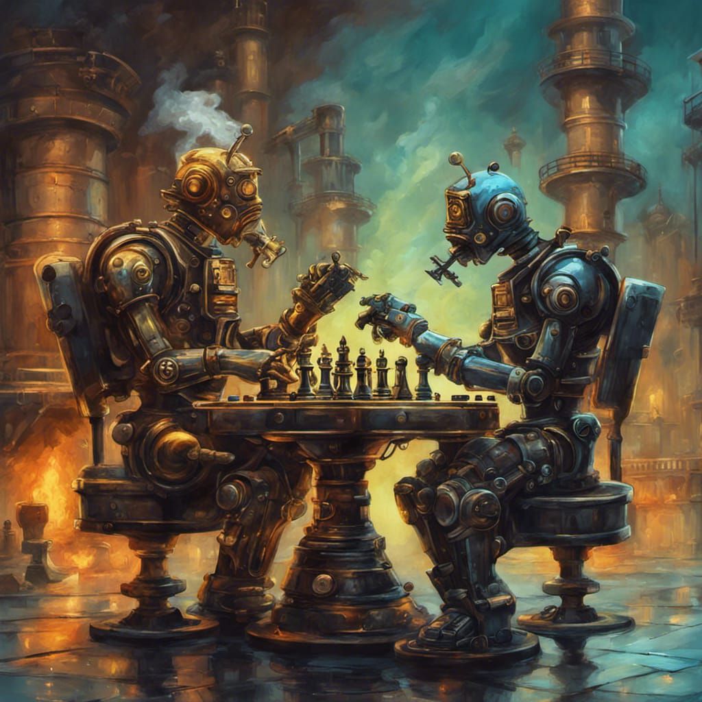 Robots Play Chess in Oil Painting Style
