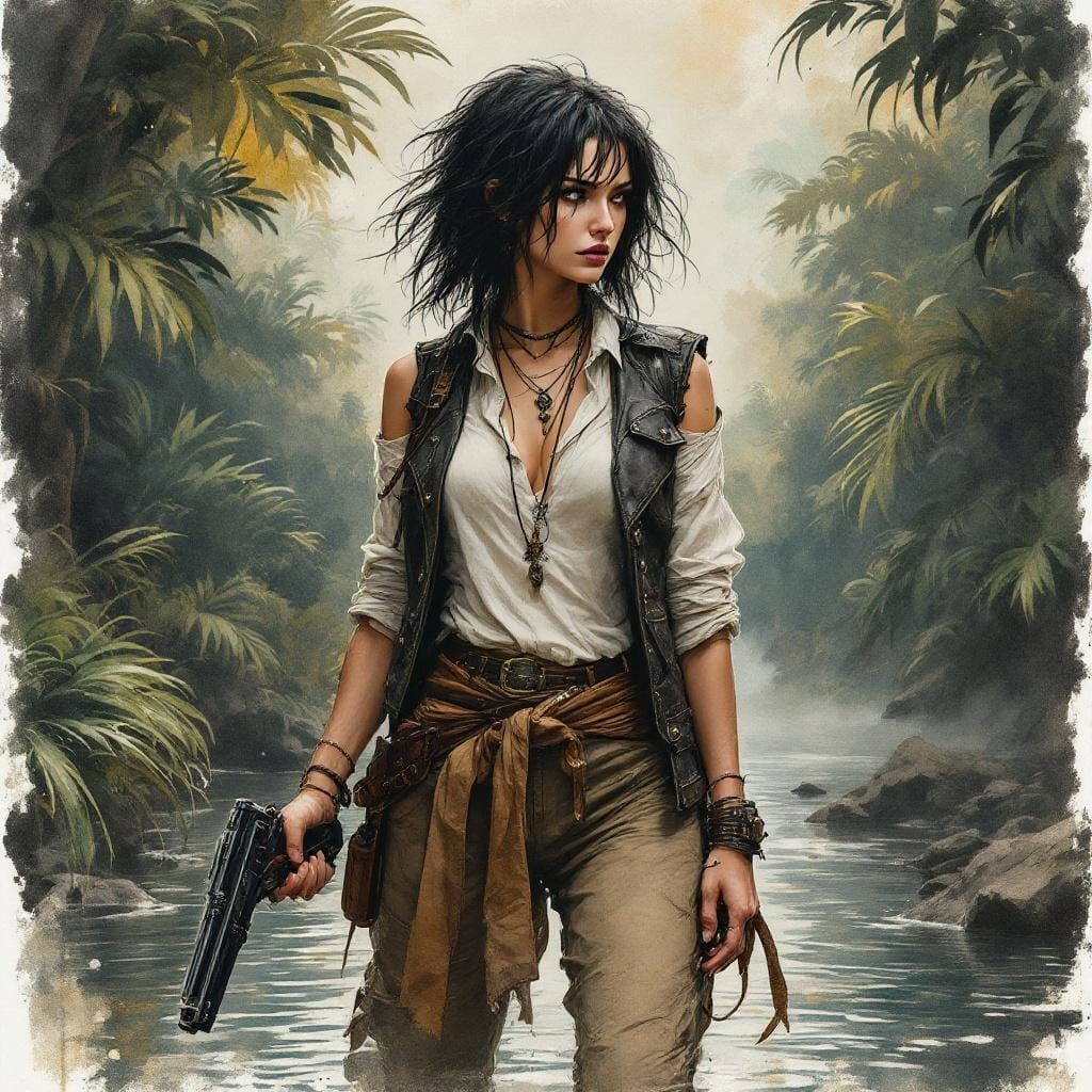 Steampunk Rogue in Jungle River, Charcoal Sketch