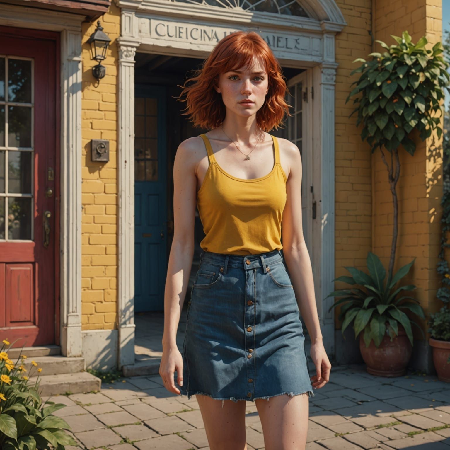 Woman With Red Hair Walks on Summer Day
