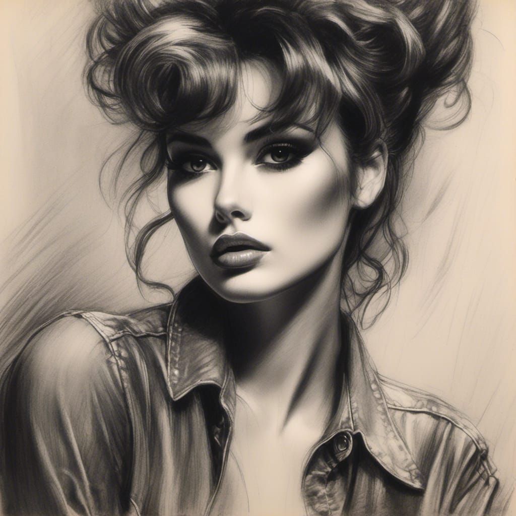 Elegant 80s Charcoal Portrait Drawing