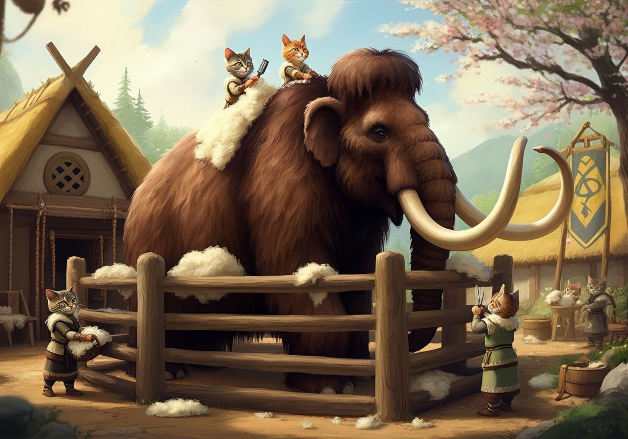 Viking Cats Shear Mammoth on Spring Day