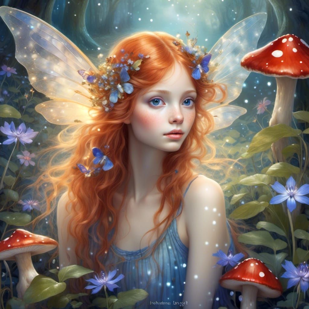 Ginger-Haired Fairy in Enchanted Forest, Digital Art