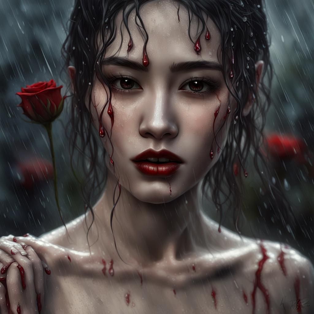 Intricate Asian Vampire in Rain, Gothic Fantasy Art