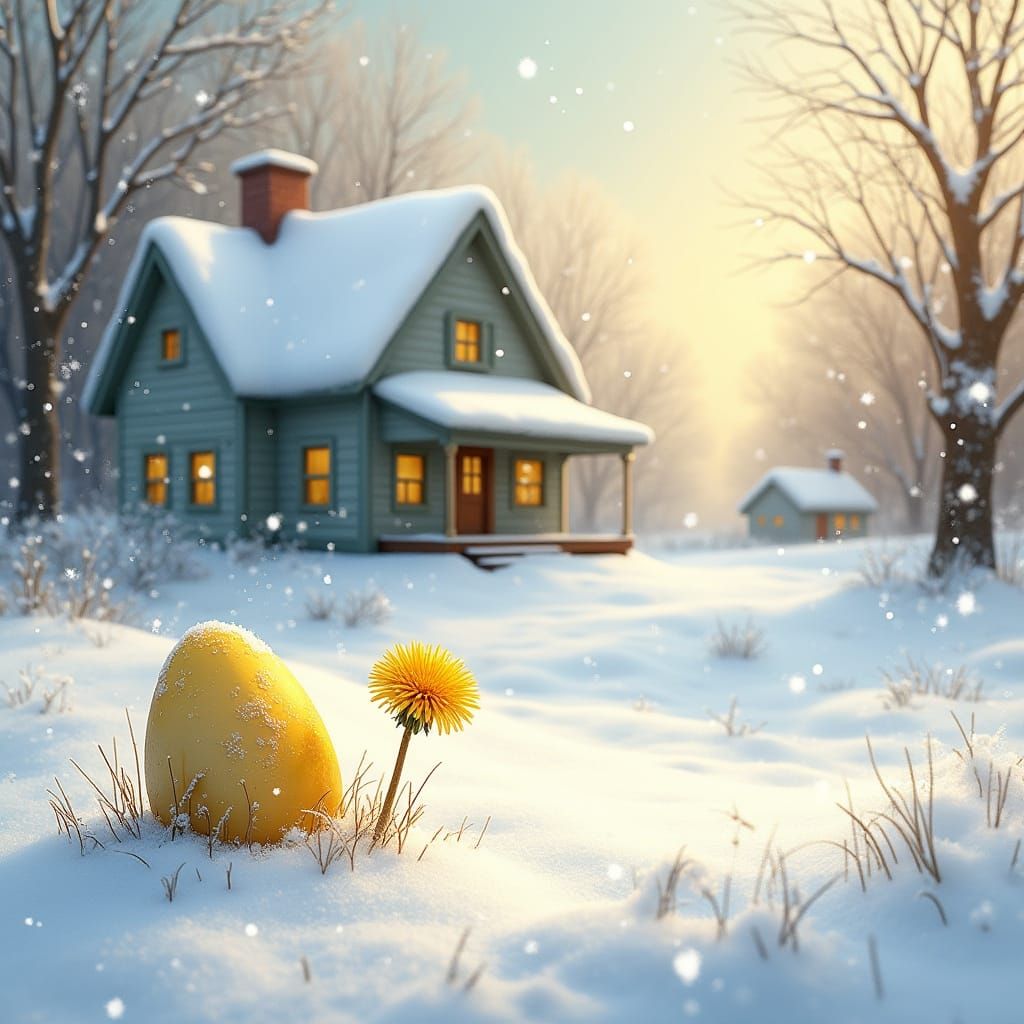 Whimsical Snowy Scene with Easter Egg and Dandelion