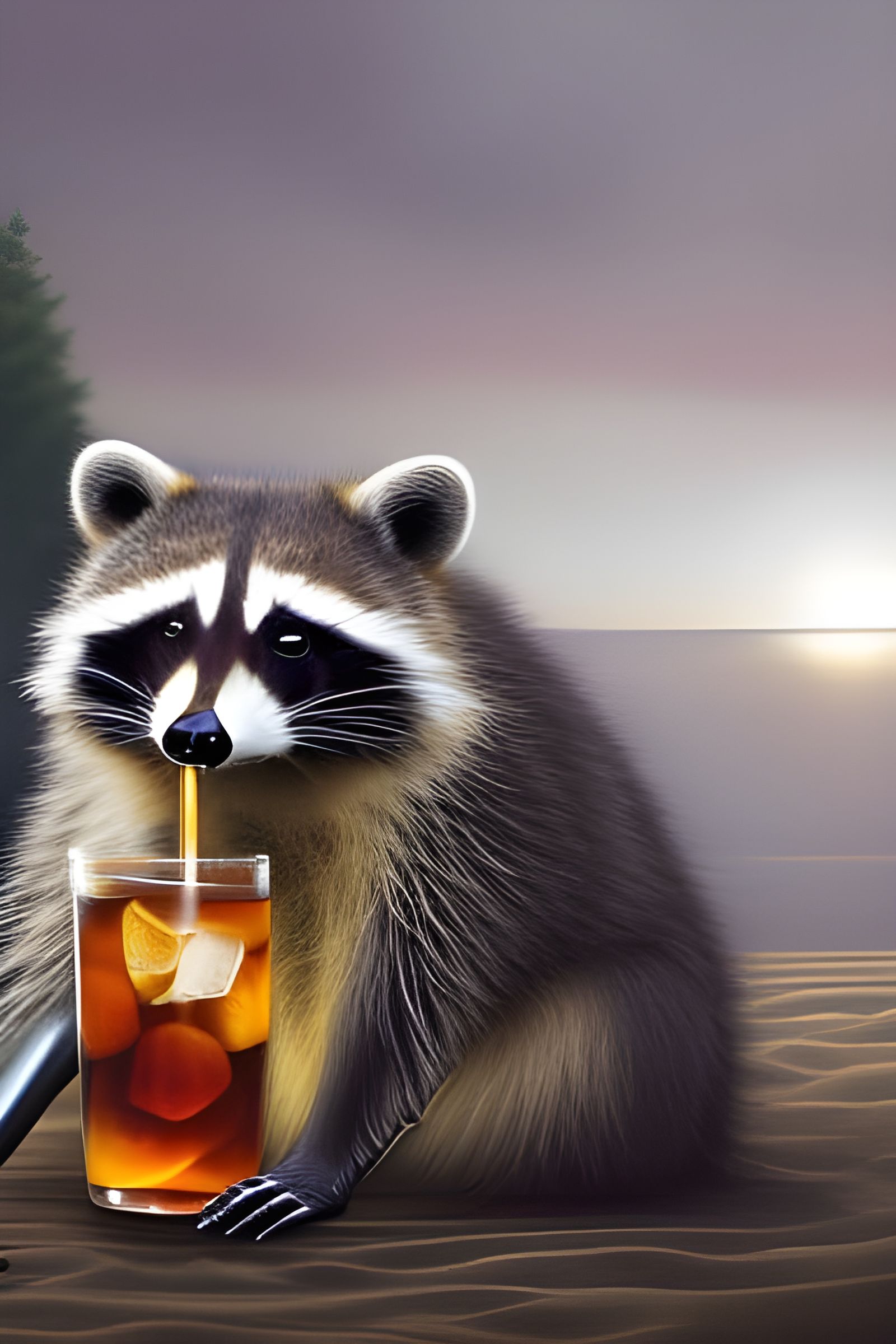 Raccoon Sipping Iced Tea on a Beach