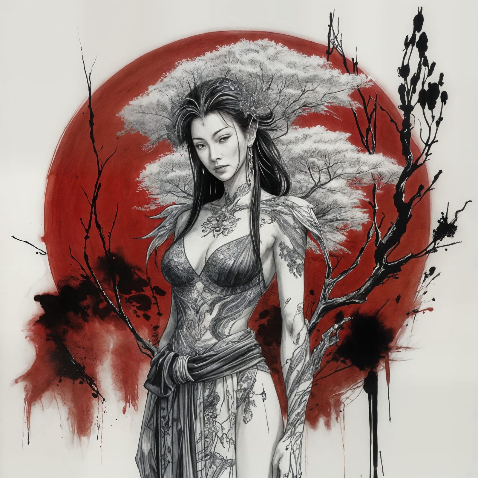 Ageless Asian Dryad in Red and White Ink Drawing