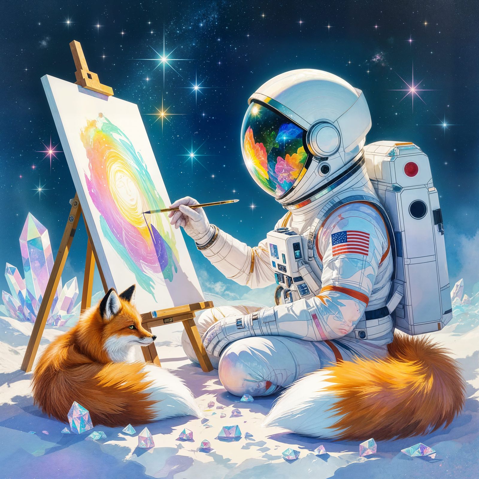 Dreamy Astronaut Painting on Venus in Watercolor Style