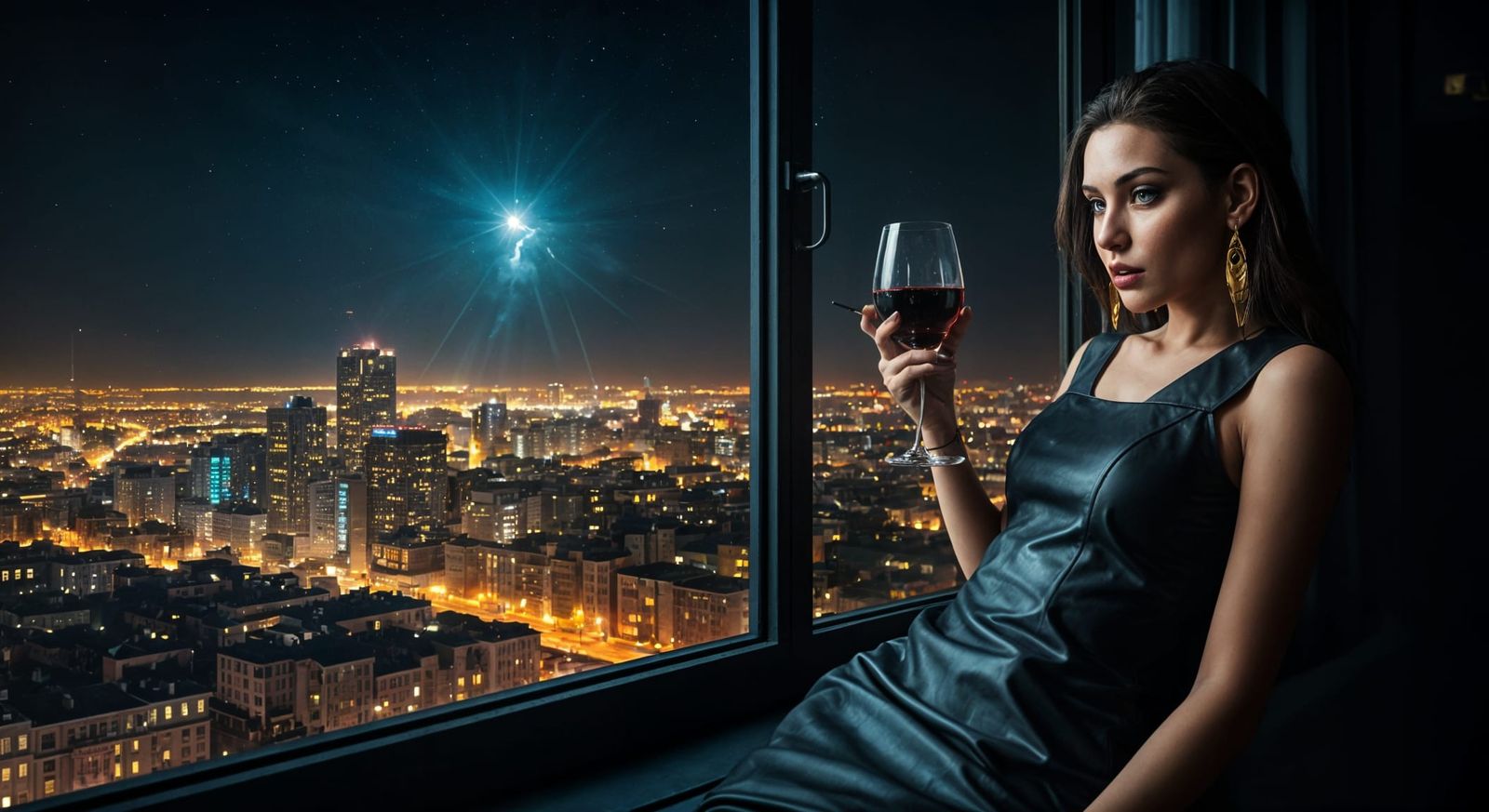 Haughty Woman Gazing Out at Nighttime Cityscape in Luxury