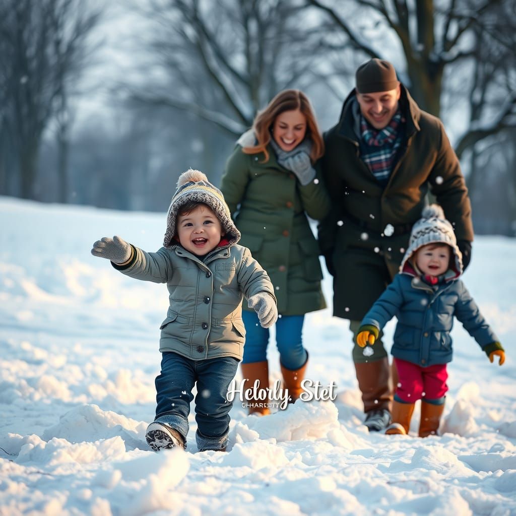 Joyful Family Snow Day in Hyperrealistic Style
