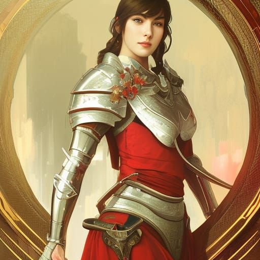Female Knight in Red Armor: Digital Art