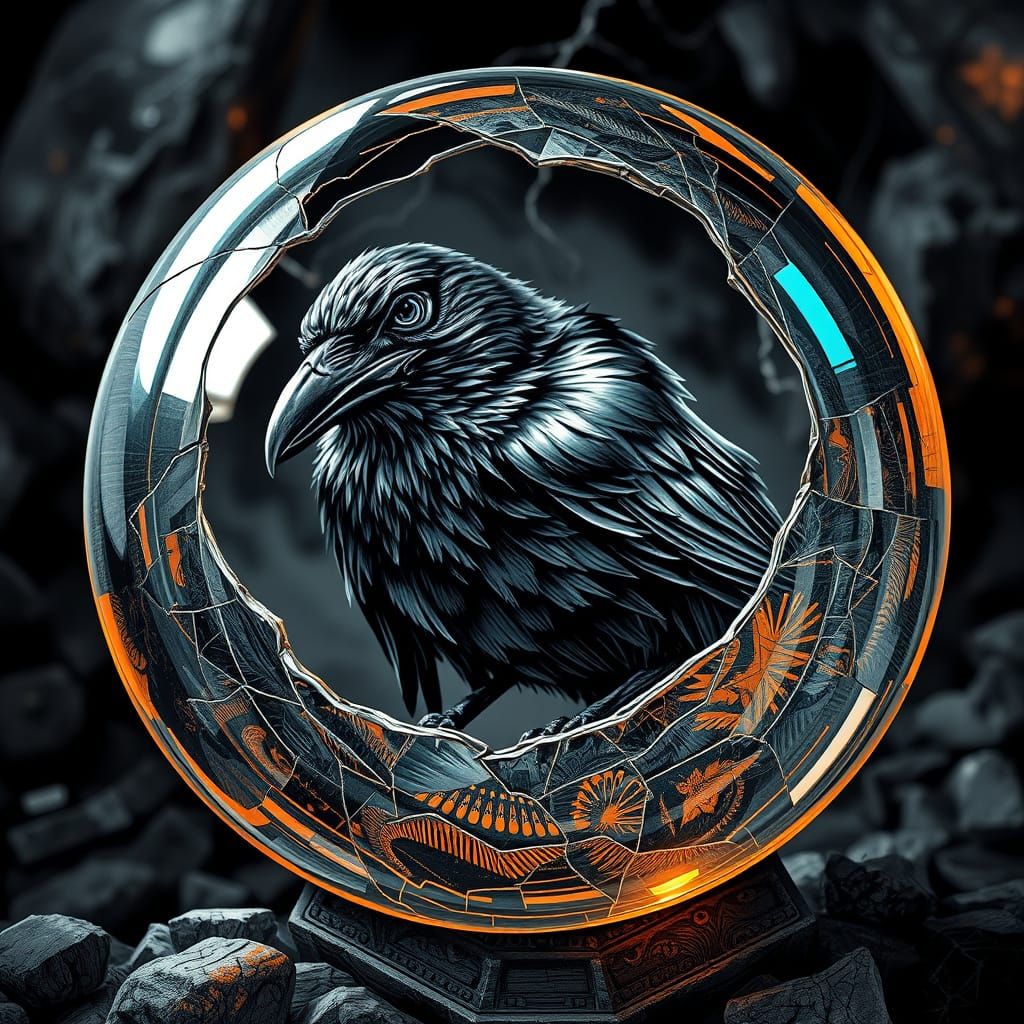 Mysterious Raven Emerges from a Shattered Glass Orb