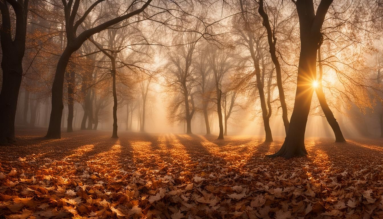 Autumnal Golden Hour Landscape with Bare Trees