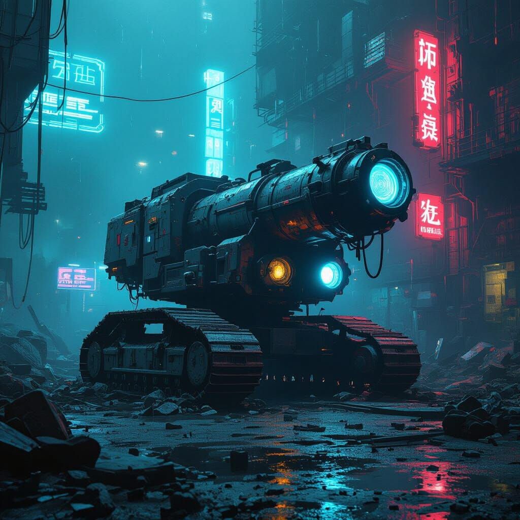 Cyberpunk Luminescence: Derelict Machinery in Neon Cityscape