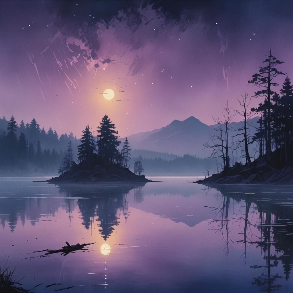 Eerie Nocturnal Lake Scene in Watercolor