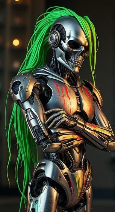 Neon Cyborg Robot with Rainbow Splatter in Sci-Fi Style