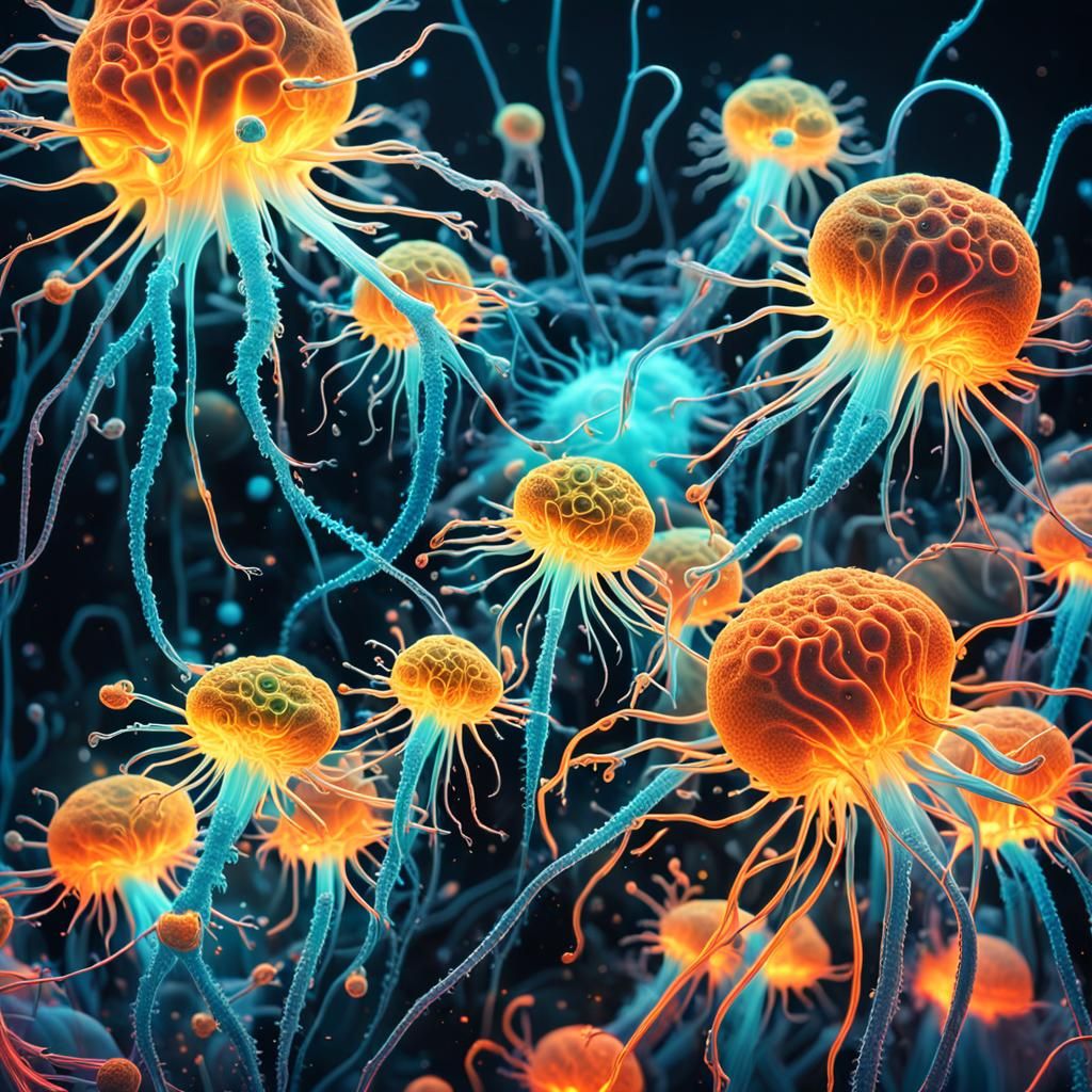 Vibrant Protozoa Explosion in Neon-lit Laboratory