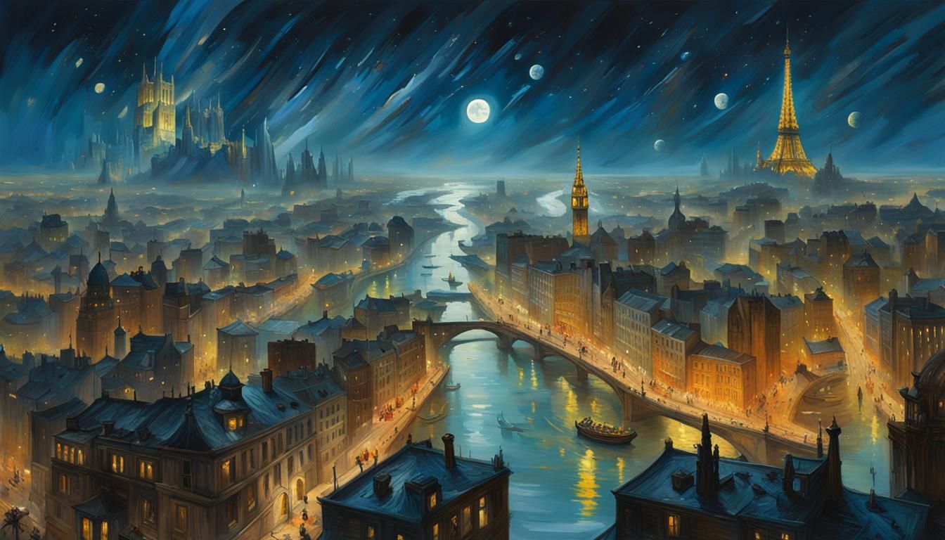 Dreamy Cityscape at Night in Surrealist Style