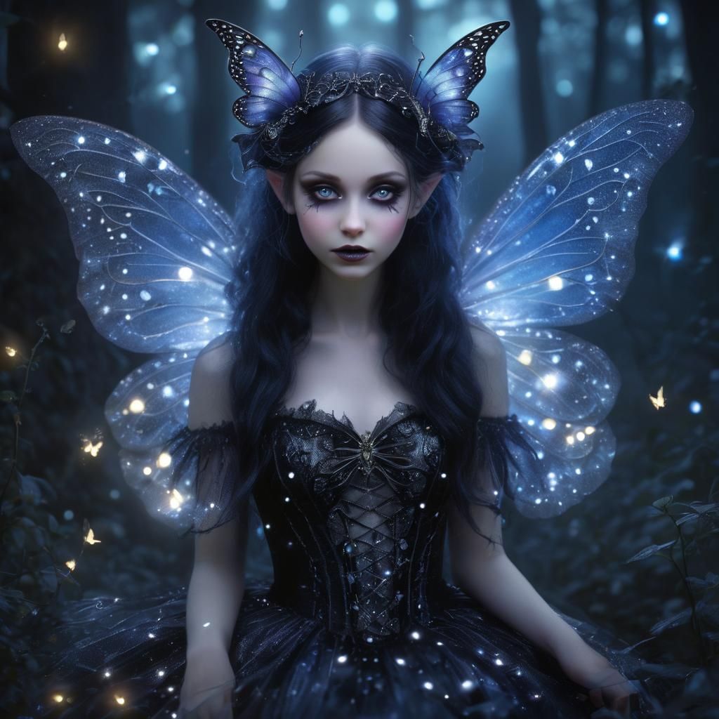 Gothic Fairy Portrait with Fireflies and Butterflies